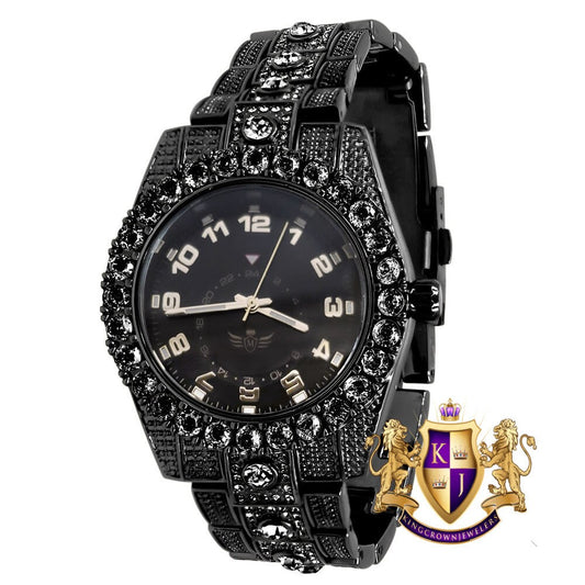 Solitaire Men's 14K Black Gold Finish Simulated Diamond Water Resistance Steel Back Watch 45MM