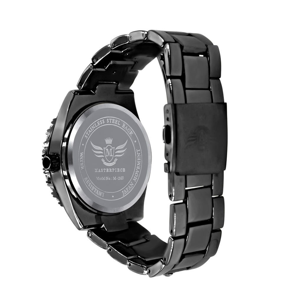 Solitaire Men's 14K Black Gold Finish Simulated Diamond Water Resistance Steel Back Watch 45MM