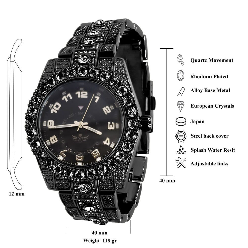 Solitaire Men's 14K Black Gold Finish Simulated Diamond Water Resistance Steel Back Watch 45MM