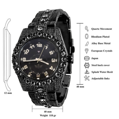 Solitaire Men's 14K Black Gold Finish Simulated Diamond Water Resistance Steel Back Watch 45MM