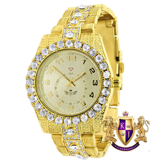 Solitaire Men's 14K Yellow Gold Finish Simulated Diamond Water Resistance Steel Back Watch 45MM