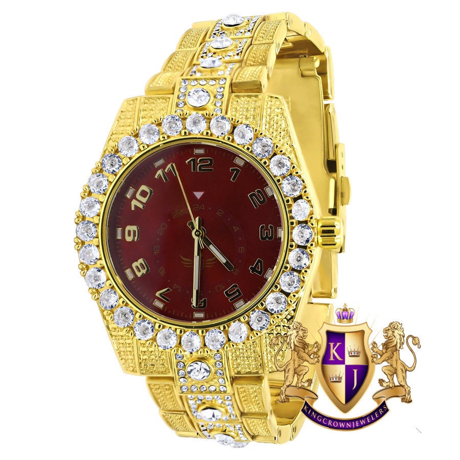 Ruby Red Dial Solitaire Men's 14K Gold Finish Simulated Diamond Water Resistance Steel Back Watch 45MM