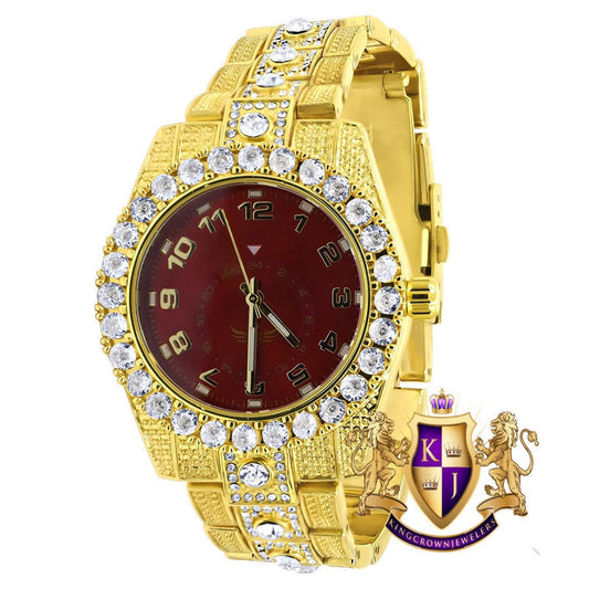 Ruby Red Dial Solitaire Men's 14K Gold Finish Simulated Diamond Water Resistance Steel Back Watch 45MM