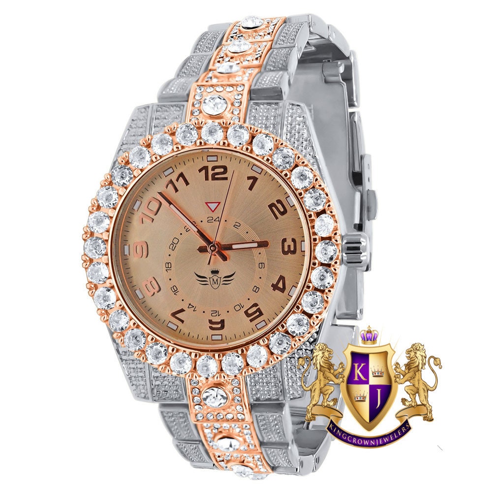 Solitaire Men's 2 Tone Rose Gold Finish Simulated Diamond Water Resistance Steel Back Watch 45MM