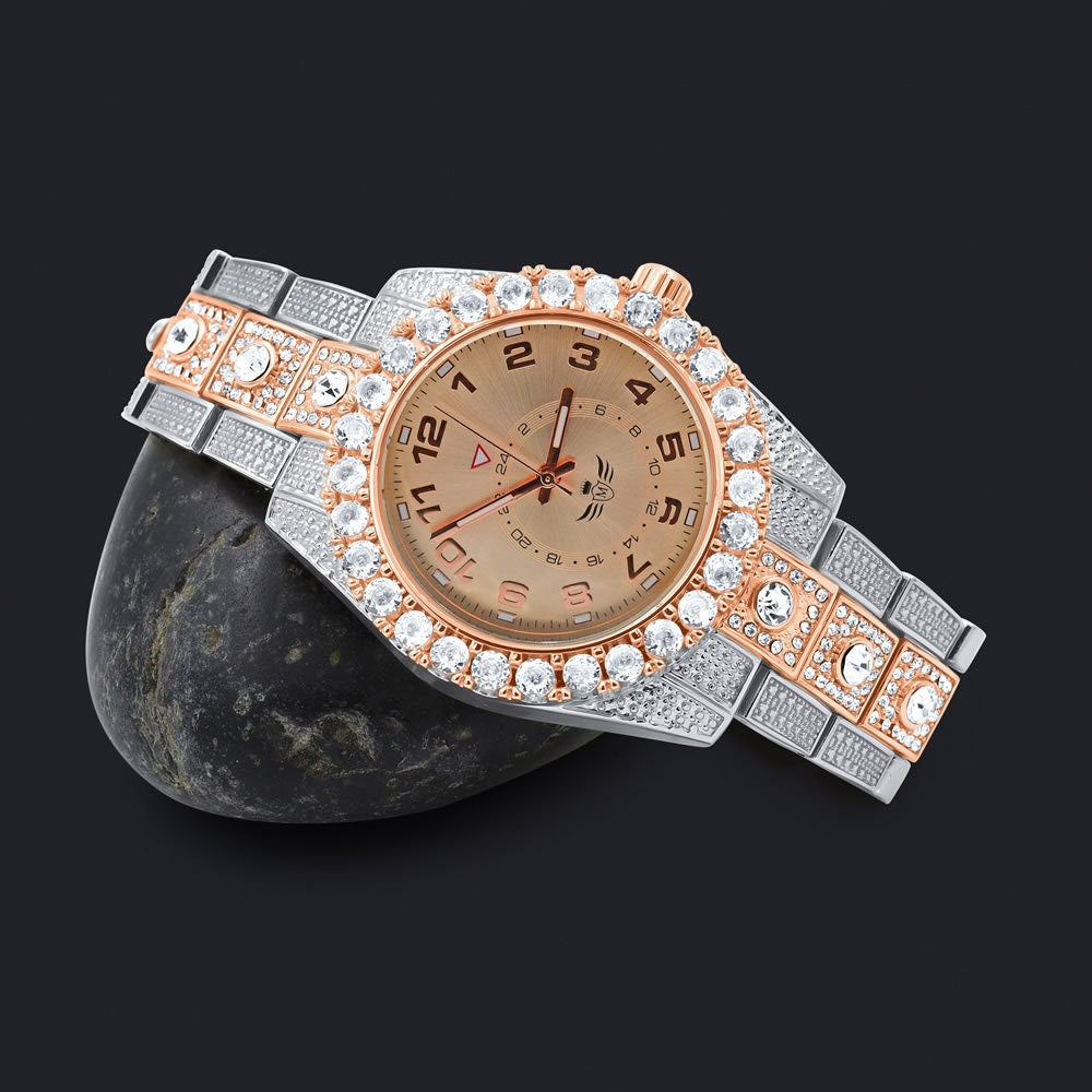 Solitaire Men's 2 Tone Rose Gold Finish Simulated Diamond Water Resistance Steel Back Watch 45MM