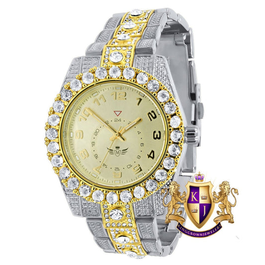 Solitaire Men's 2 Tone Gold Finish Simulated Diamond Water Resistance Steel Back Watch 45MM