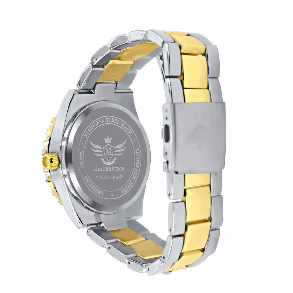 Solitaire Men's 2 Tone Gold Finish Simulated Diamond Water Resistance Steel Back Watch 45MM