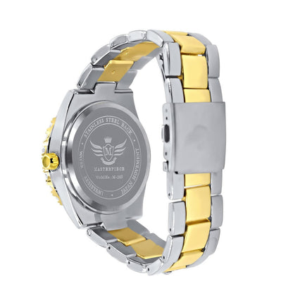 Solitaire Men's 2 Tone Gold Finish Simulated Diamond Water Resistance Steel Back Watch 45MM