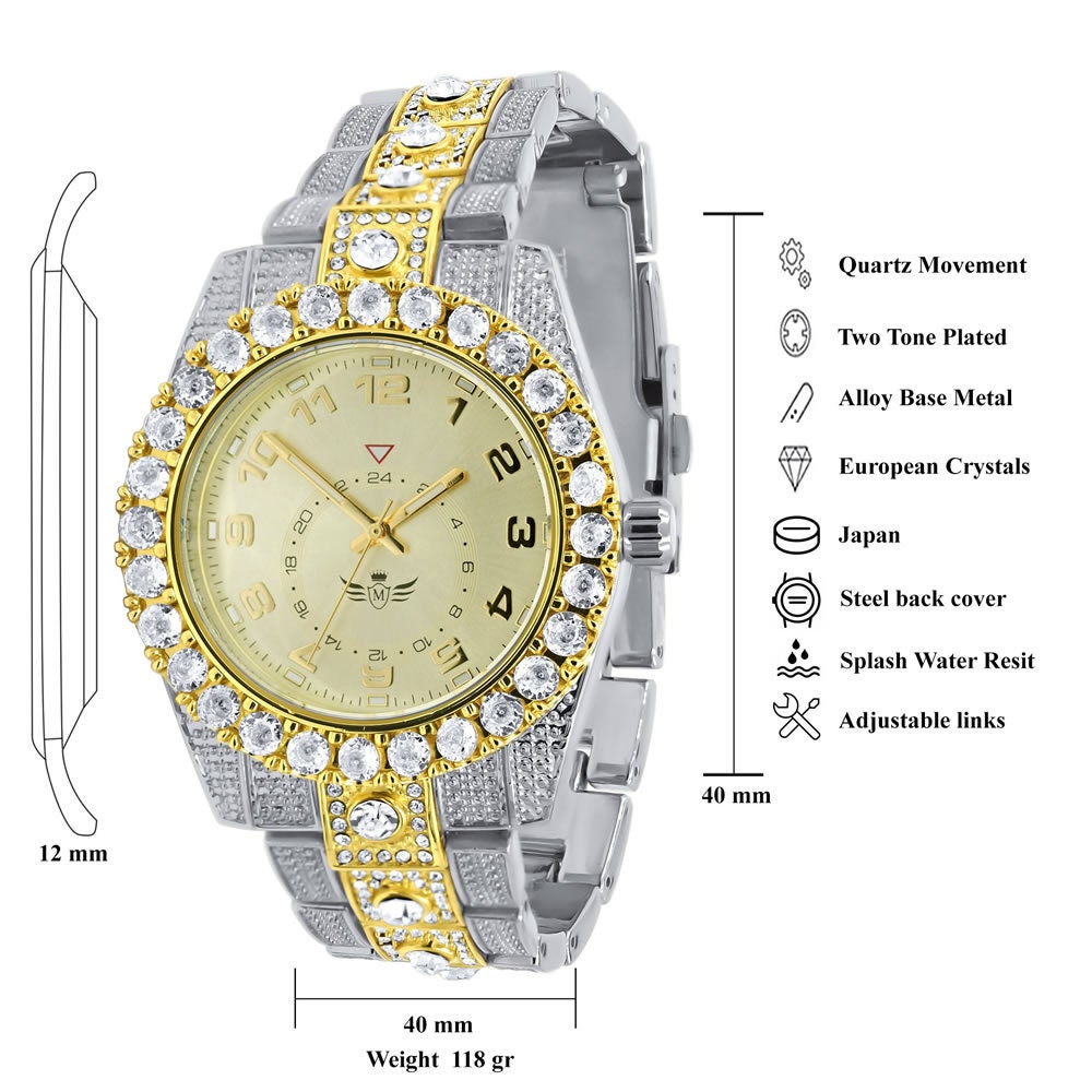 Solitaire Men's 2 Tone Gold Finish Simulated Diamond Water Resistance Steel Back Watch 45MM