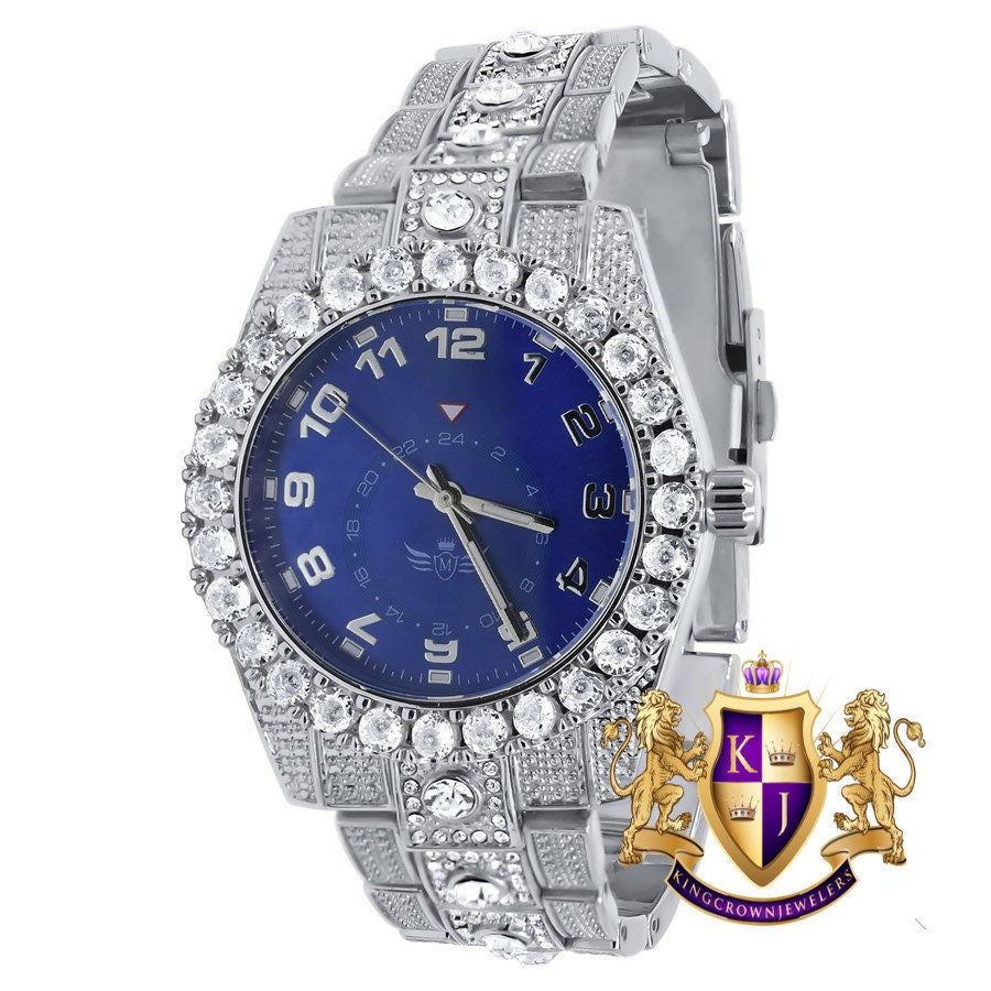 Blue Sapphire Dial Solitaire Men's 14K White Gold Tone Simulated Diamond Water Resistance Steel Back Watch 45MM