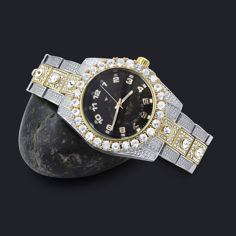 Black Dial Solitaire Men's 2 Tone Gold Finish Simulated Diamond Water Resistance Steel Back Watch 45MM