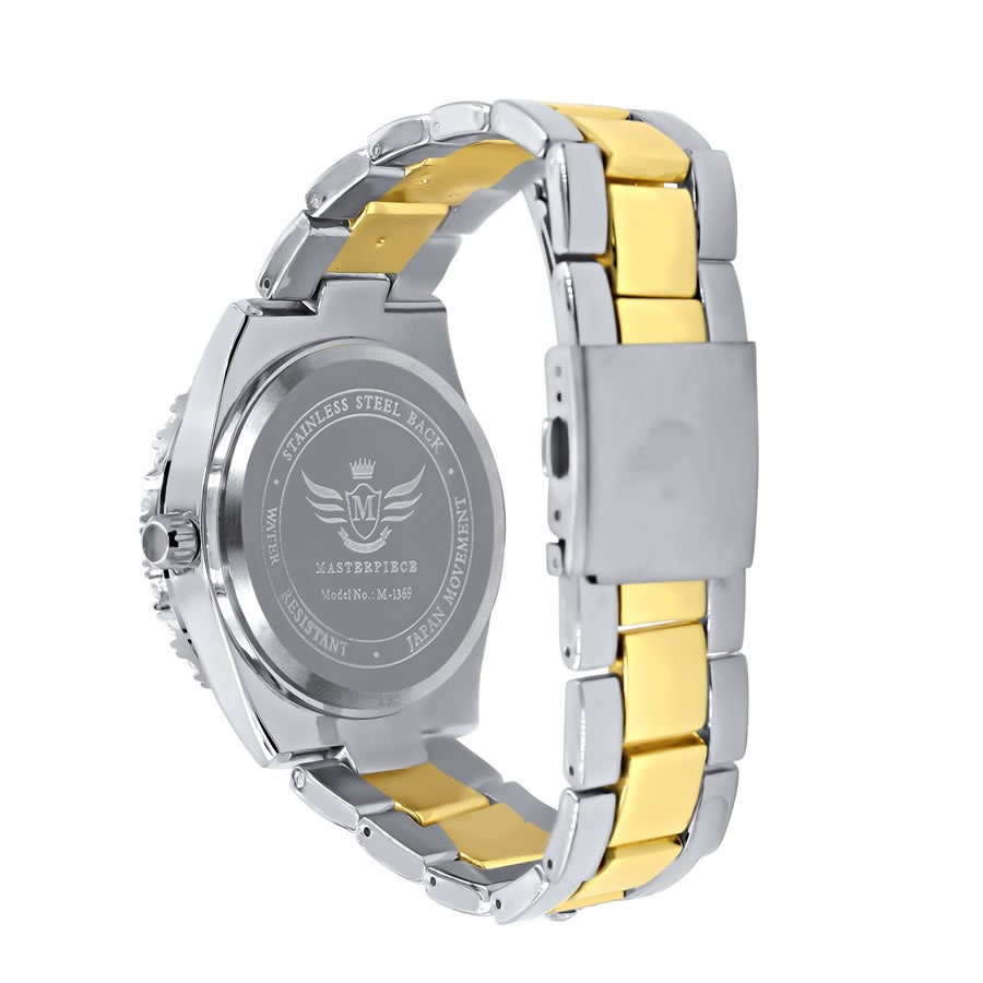 Black Dial Solitaire Men's 2 Tone Gold Finish Simulated Diamond Water Resistance Steel Back Watch 45MM
