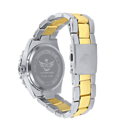 Black Dial Solitaire Men's 2 Tone Gold Finish Simulated Diamond Water Resistance Steel Back Watch 45MM