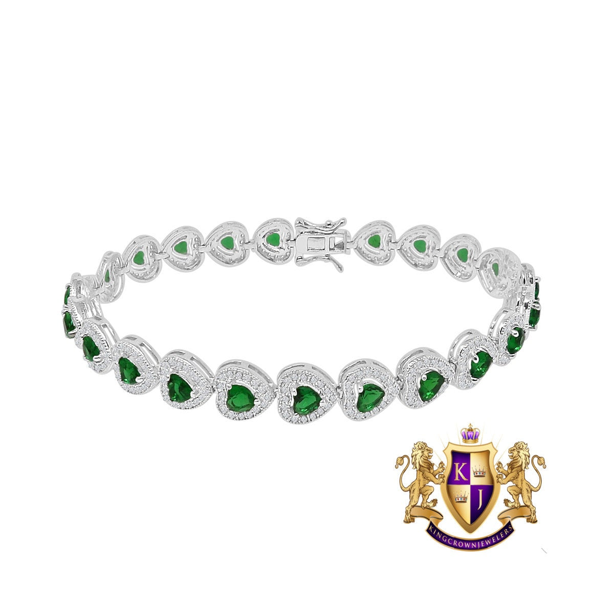 Real Genuine Sterling Silver 14K White Gold Over Green Emerald Heart Love Shape Tennis Link Bracelet 9 Cwt.