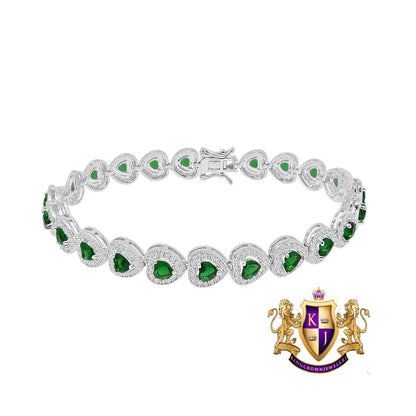Real Genuine Sterling Silver 14K White Gold Over Green Emerald Heart Love Shape Tennis Link Bracelet 9 Cwt.