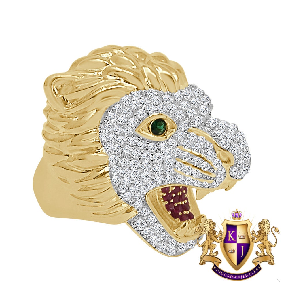 Men's Emerald Green Eye 14K Yellow Gold On Real Sterling Silver Simulated Diamond Lion Head Wolf Face Custom Ring Band