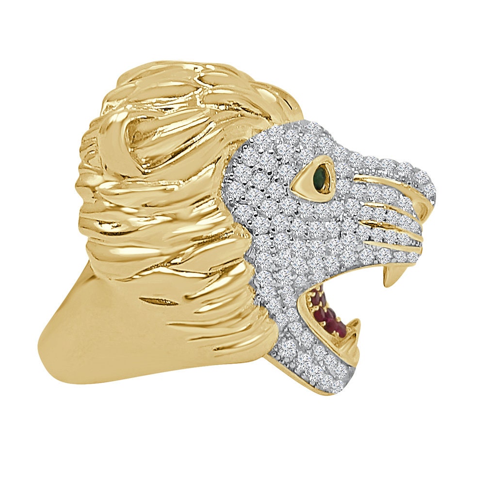 Men's Emerald Green Eye 14K Yellow Gold On Real Sterling Silver Simulated Diamond Lion Head Wolf Face Custom Ring Band