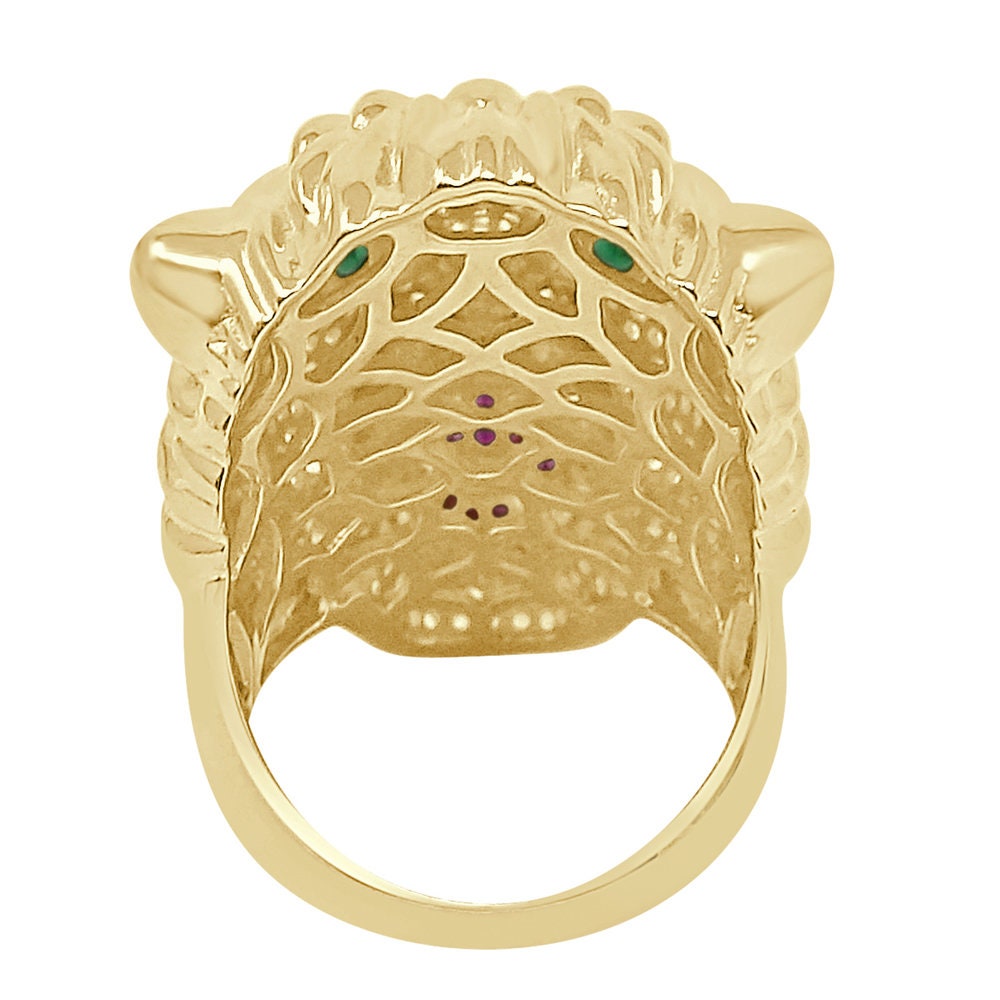 Men's Emerald Green Eye 14K Yellow Gold On Real Sterling Silver Simulated Diamond Lion Head Wolf Face Custom Ring Band