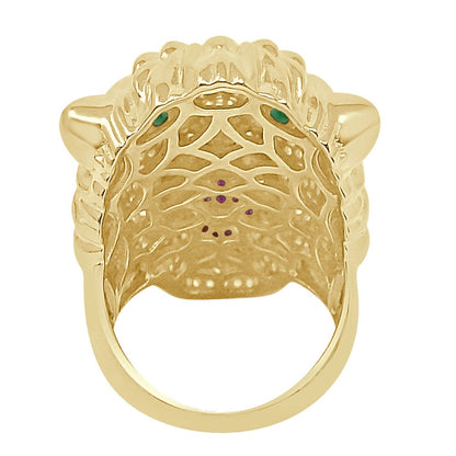 Men's Emerald Green Eye 14K Yellow Gold On Real Sterling Silver Simulated Diamond Lion Head Wolf Face Custom Ring Band