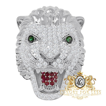 Men's Emerald Green Eye 14K White Gold On Real Sterling Silver Simulated Diamond Lion Head Wolf Face Custom Ring Band