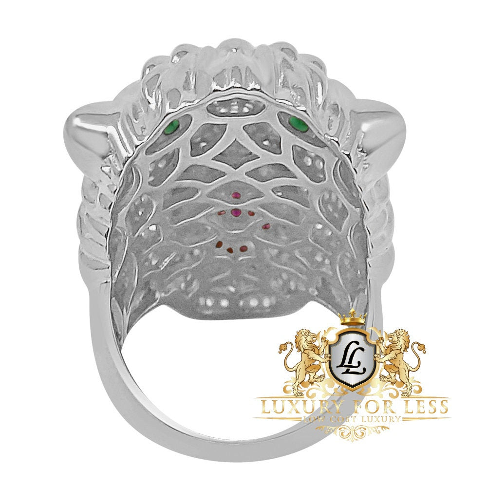 Men's Emerald Green Eye 14K White Gold On Real Sterling Silver Simulated Diamond Lion Head Wolf Face Custom Ring Band