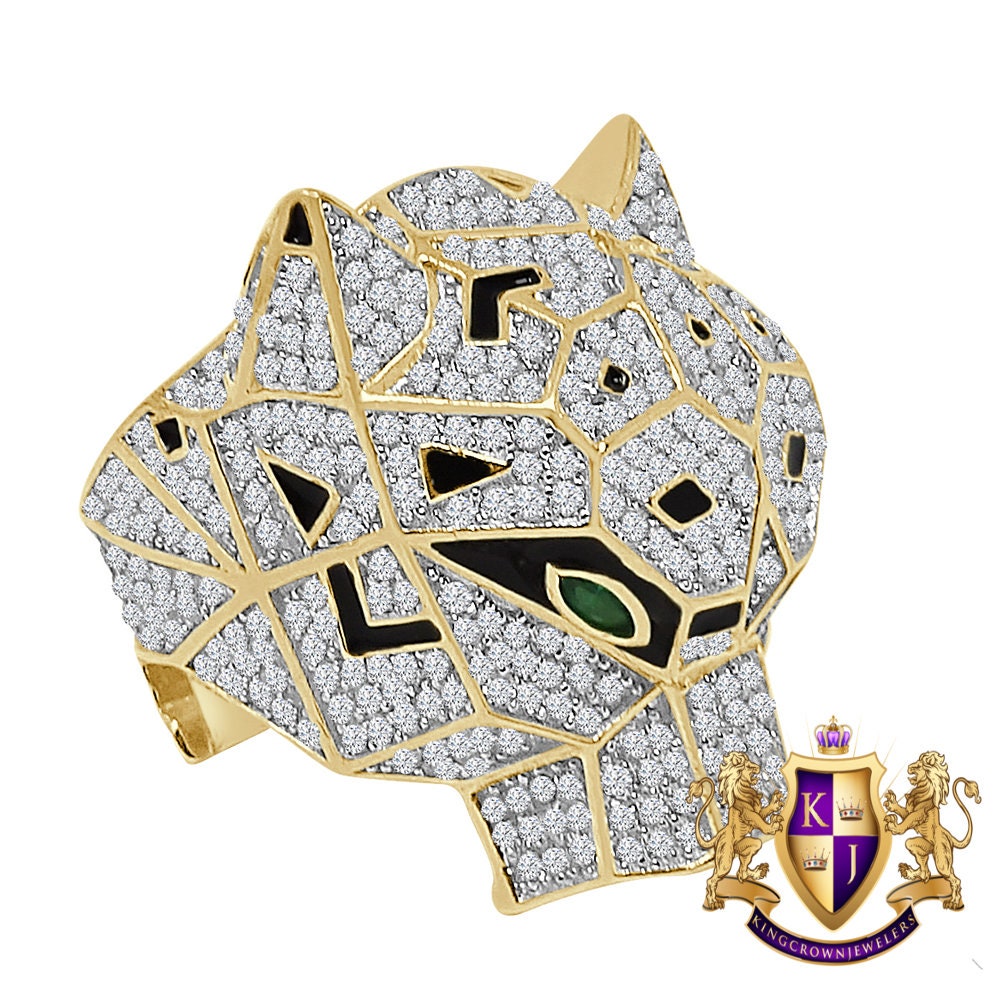 Big Bold 14K Yellow Gold On Real Sterling Silver Simulated Diamond Lion Head Wolf Face Men's Custom Ring Band