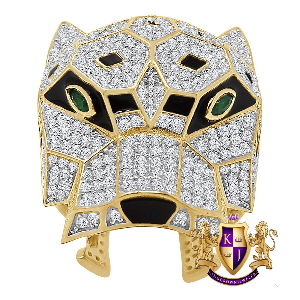 Big Bold 14K Yellow Gold On Real Sterling Silver Simulated Diamond Lion Head Wolf Face Men's Custom Ring Band