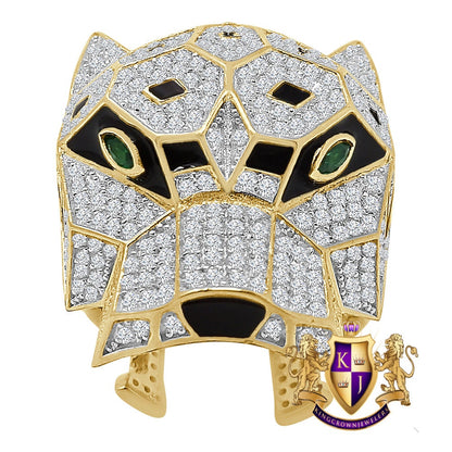 Big Bold 14K Yellow Gold On Real Sterling Silver Simulated Diamond Lion Head Wolf Face Men's Custom Ring Band
