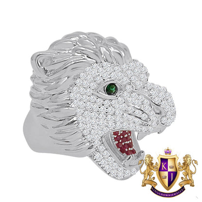 Men's Emerald Green Eye 14K White Gold On Real Sterling Silver Simulated Diamond Lion Head Wolf Face Custom Ring Band