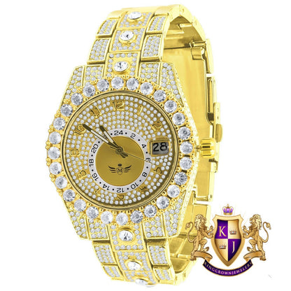 18K Yellow Gold Finish Simulated Diamond Solid Steel Back Solitaire Bezel & Band Men's Watch 40mm W/Date Function