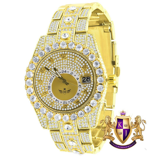 18K Yellow Gold Finish Simulated Diamond Solid Steel Back Solitaire Bezel & Band Men's Watch 40mm W/Date Function