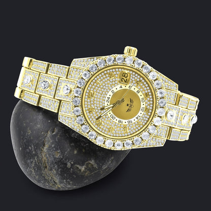 18K Yellow Gold Finish Simulated Diamond Solid Steel Back Solitaire Bezel & Band Men's Watch 40mm W/Date Function