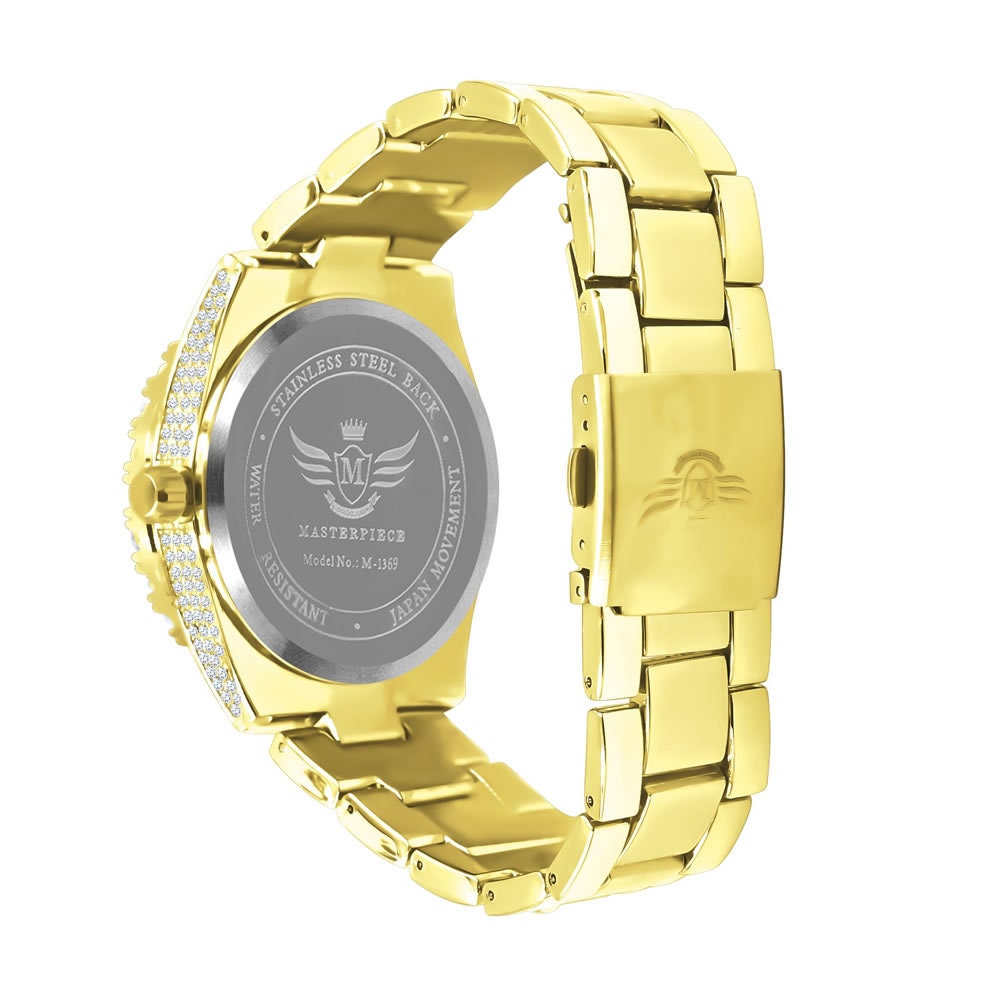 18K Canary Gold Finish Simulated Diamond Solid Steel Back Solitaire Bezel & Band Men's Watch 40mm W/Date Function