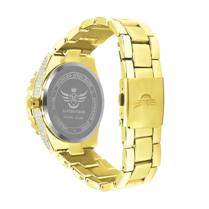 18K Canary Gold Finish Simulated Diamond Solid Steel Back Solitaire Bezel & Band Men's Watch 40mm W/Date Function
