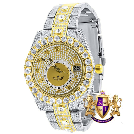 2 Tone Gold Finish Simulated Diamond Solid Steel Back Solitaire Bezel & Band Men's Watch 40mm W/Date Function