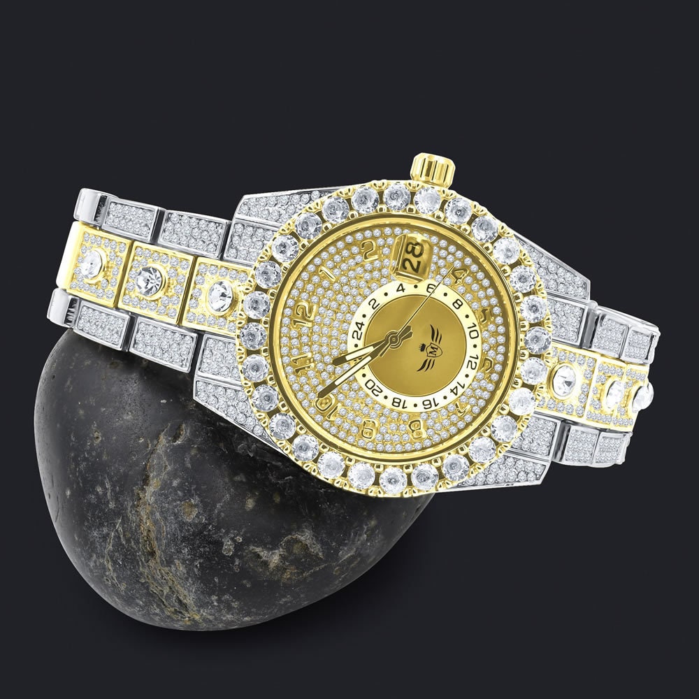 2 Tone Gold Finish Simulated Diamond Solid Steel Back Solitaire Bezel & Band Men's Watch 40mm W/Date Function