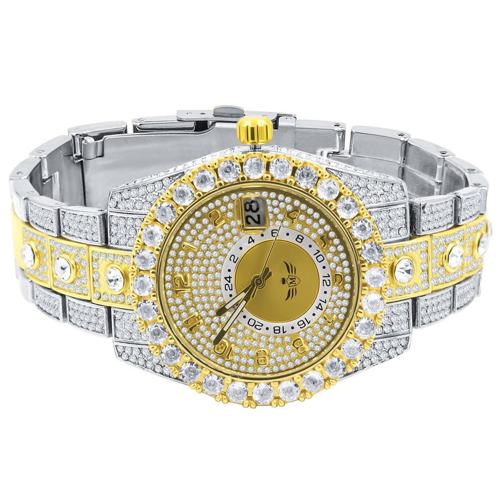 2 Tone Gold Finish Simulated Diamond Solid Steel Back Solitaire Bezel & Band Men's Watch 40mm W/Date Function