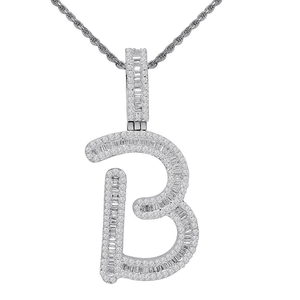 Baguette 14K White  Gold On Real Sterling Silver Simulated Diamond Initial Letter Alphabet  Pendent Charm Set 2.25''