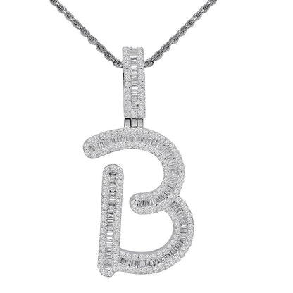 Baguette 14K White  Gold On Real Sterling Silver Simulated Diamond Initial Letter Alphabet  Pendent Charm Set 2.25''