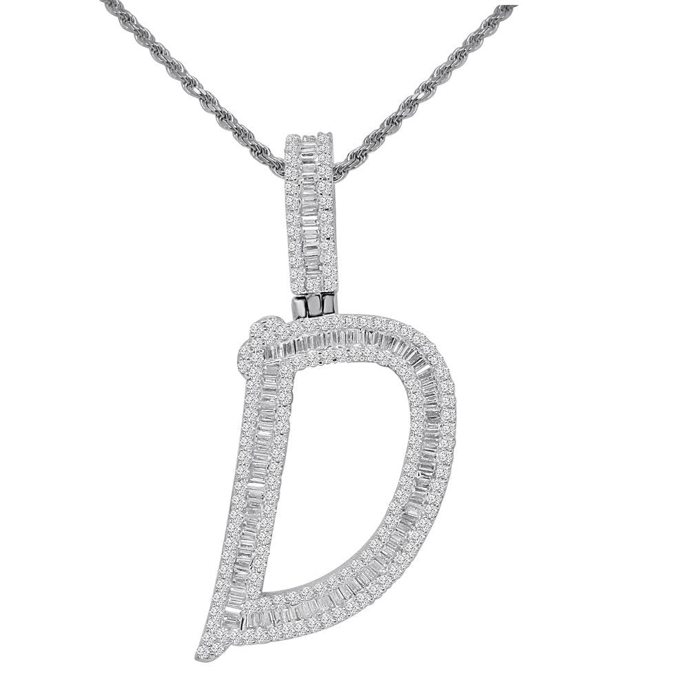 Baguette 14K White  Gold On Real Sterling Silver Simulated Diamond Initial Letter Alphabet  Pendent Charm Set 2.25''