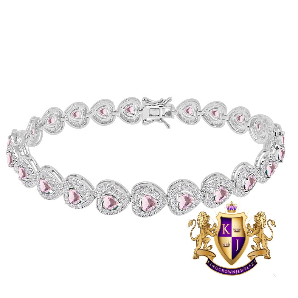 Soft Baby Pink Tourmaline Real Genuine Sterling Silver 14K White Gold Over Heart Love Shape Tennis Link Bracelet 9 Cwt.