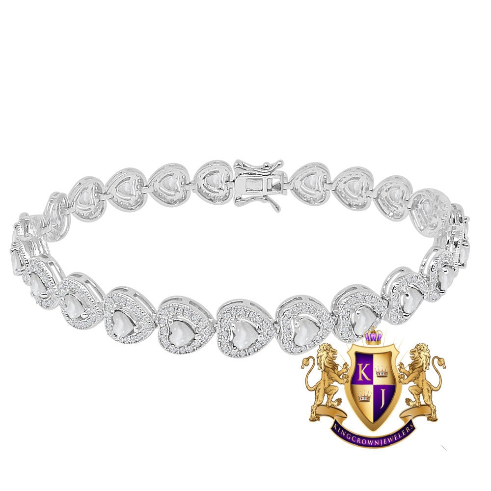 Real Genuine Sterling Silver Crystal Clear Zirconia 14K White Gold Over Heart Love Shape Tennis Link Bracelet 9 Cwt.