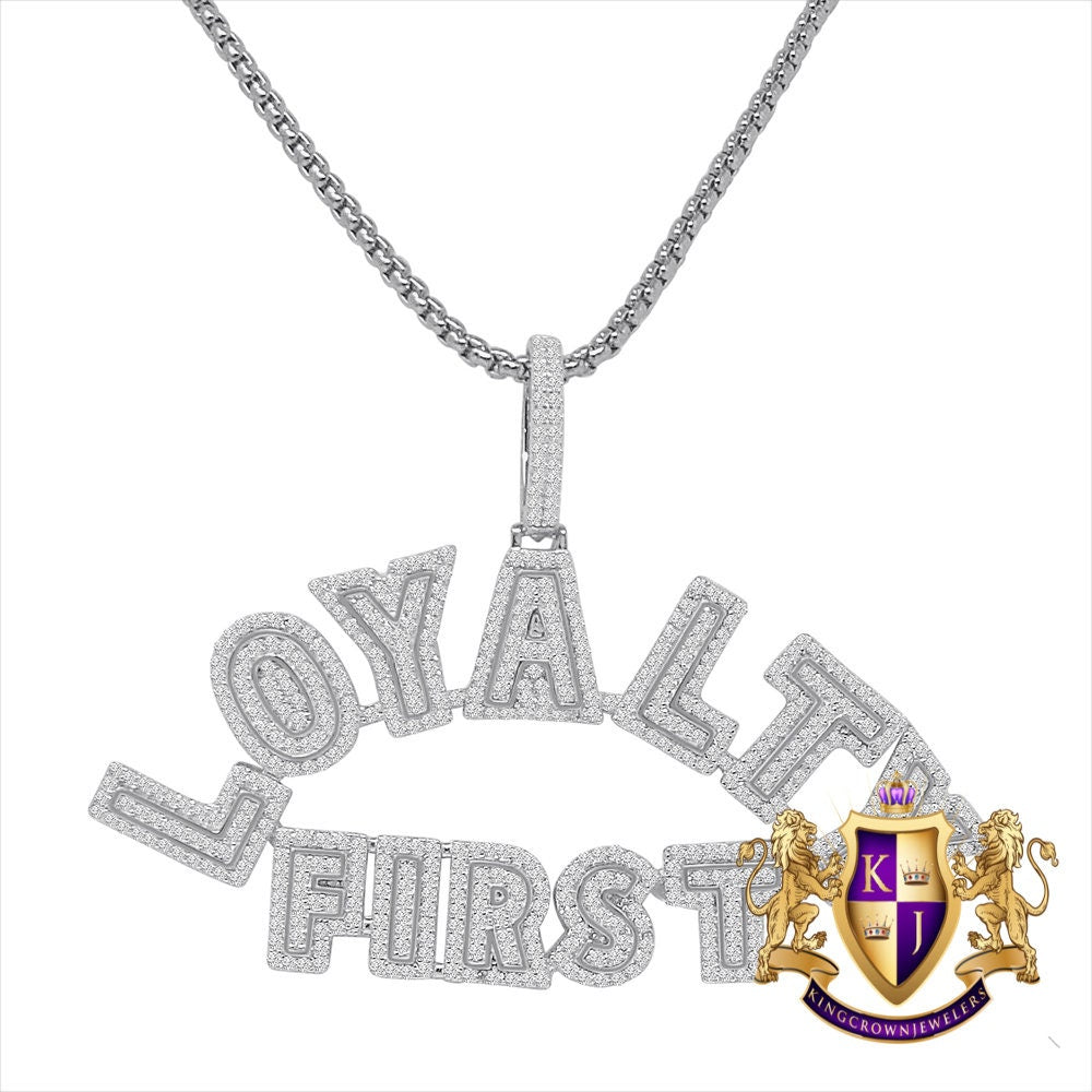 Exclusive Custom Piece 14K Gold On Real Sterling Silver Simulated Diamond LOYALTY FIRST Men's Pendent Charm Chain Set