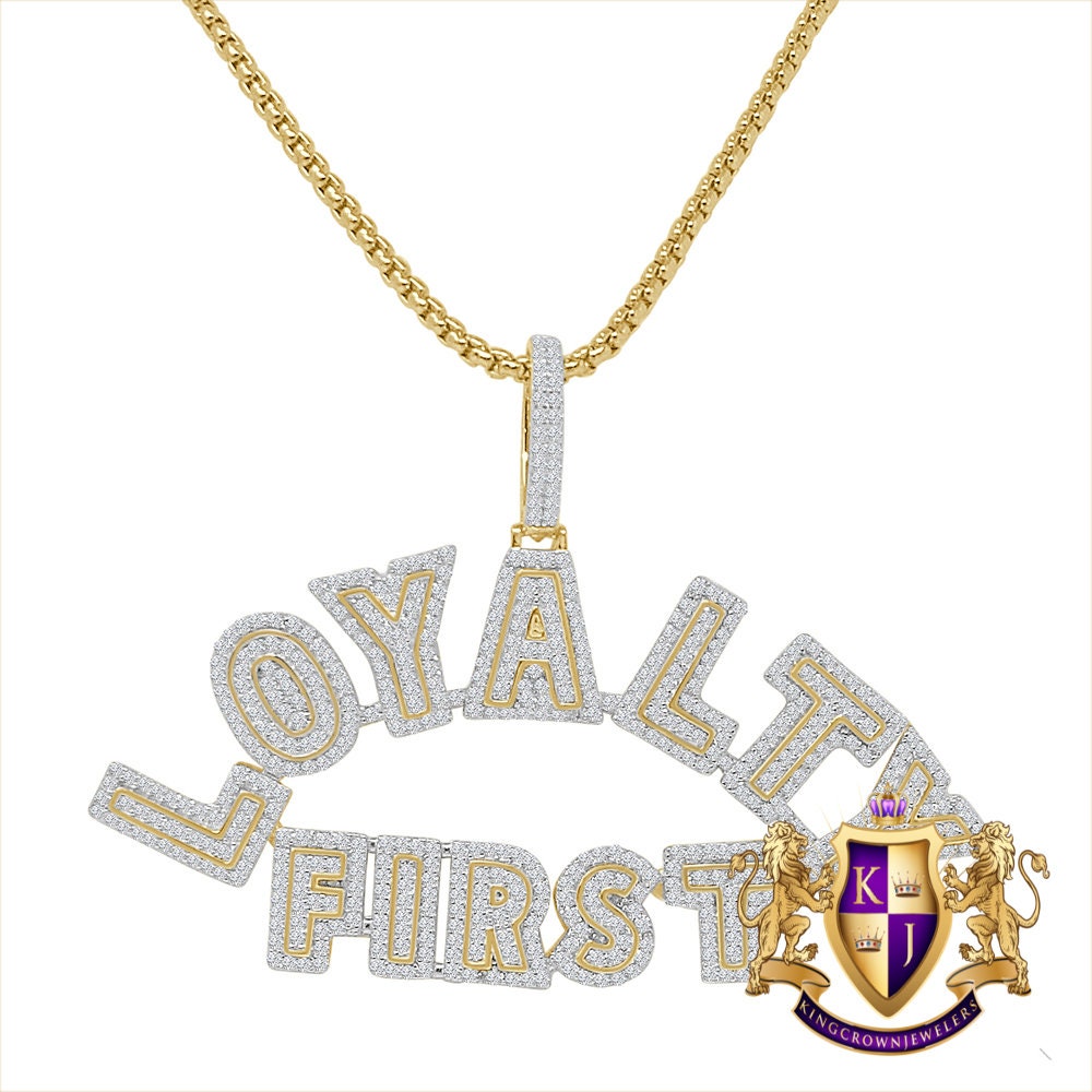 Exclusive Custom Piece 14K Gold On Real Sterling Silver Simulated Diamond LOYALTY FIRST Men's Pendent Charm Chain Set