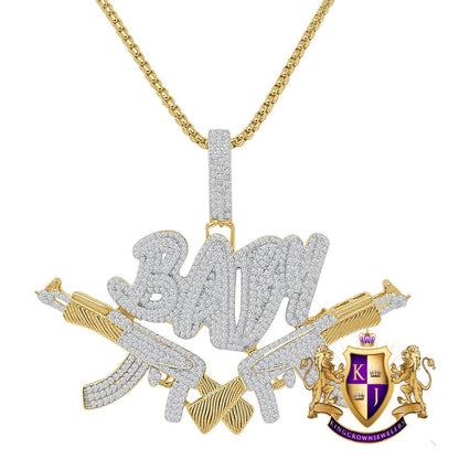 Real Genuine Sterling Silver Baby With Guns Simulated Diamond 14K Gold Over Custom Charm Pendent 2.25'' + Free Chain