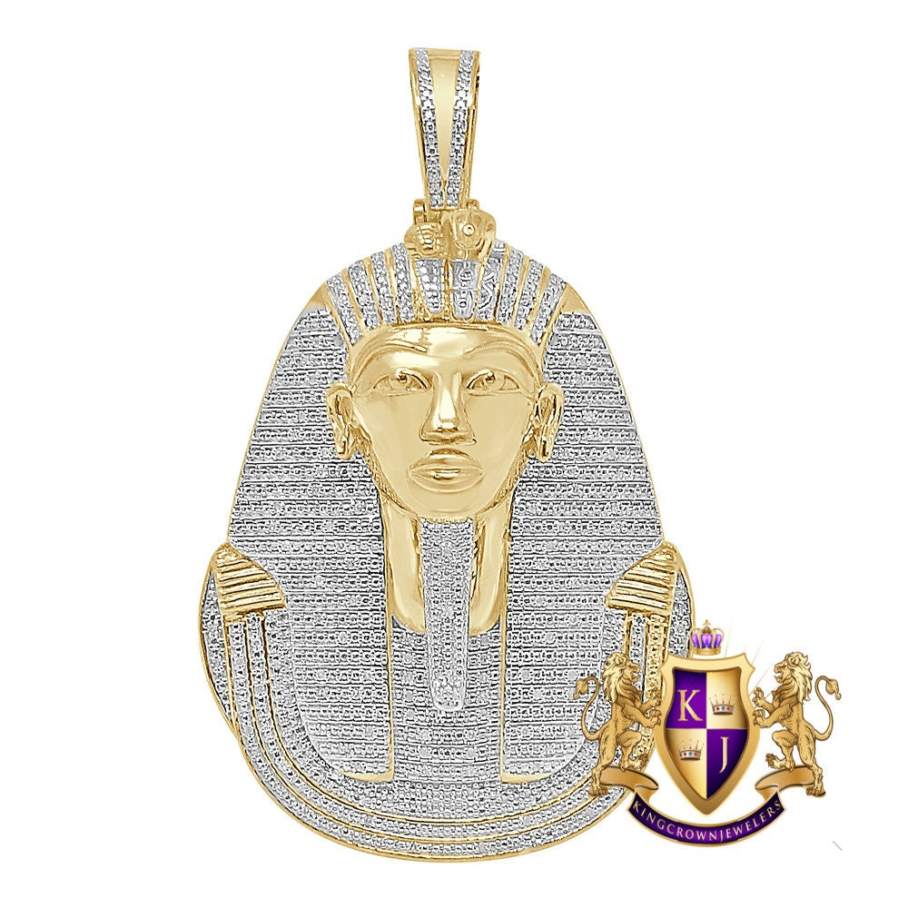 Real Genuine Authentic Diamond Big 2.75'' Ancient Egyptian King Tutankhamun Pharaoh Custom Pendant 10K Gold Over Charm 27+ Grams