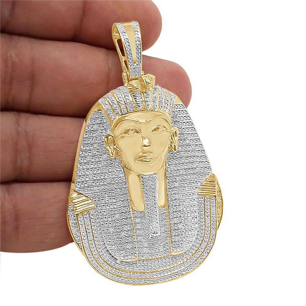 Real Genuine Authentic Diamond Big 2.75'' Ancient Egyptian King Tutankhamun Pharaoh Custom Pendant 10K Gold Over Charm 27+ Grams