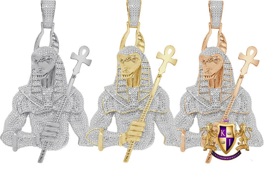 Real Genuine Diamond Big 2.50'' Custom Piece Egyptian God Anubis Ra Horus Osiris Ankh Cross Pharaoh Pendant 10K Gold Over Charm 30 + Grams