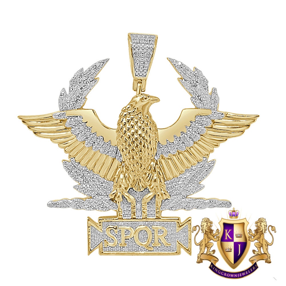 Men's Real Genuine Authentic Diamond 25+ Grams Custom Piece SPQR Roman Legion Eagle Empire Masonic Pendant 10K Solid Gold Over Charm 2.10''