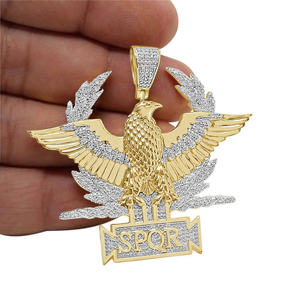 Men's Real Genuine Authentic Diamond 25+ Grams Custom Piece SPQR Roman Legion Eagle Empire Masonic Pendant 10K Solid Gold Over Charm 2.10''